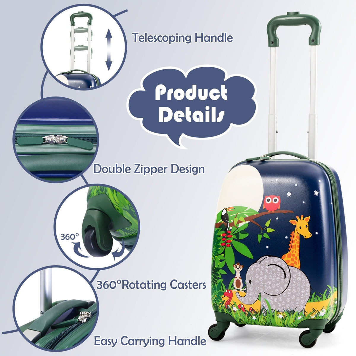 2 Pieces 12 Inch and 16 Inch Kids Carry on Suitcase Rolling Backpack School Luggage Set-Elephant