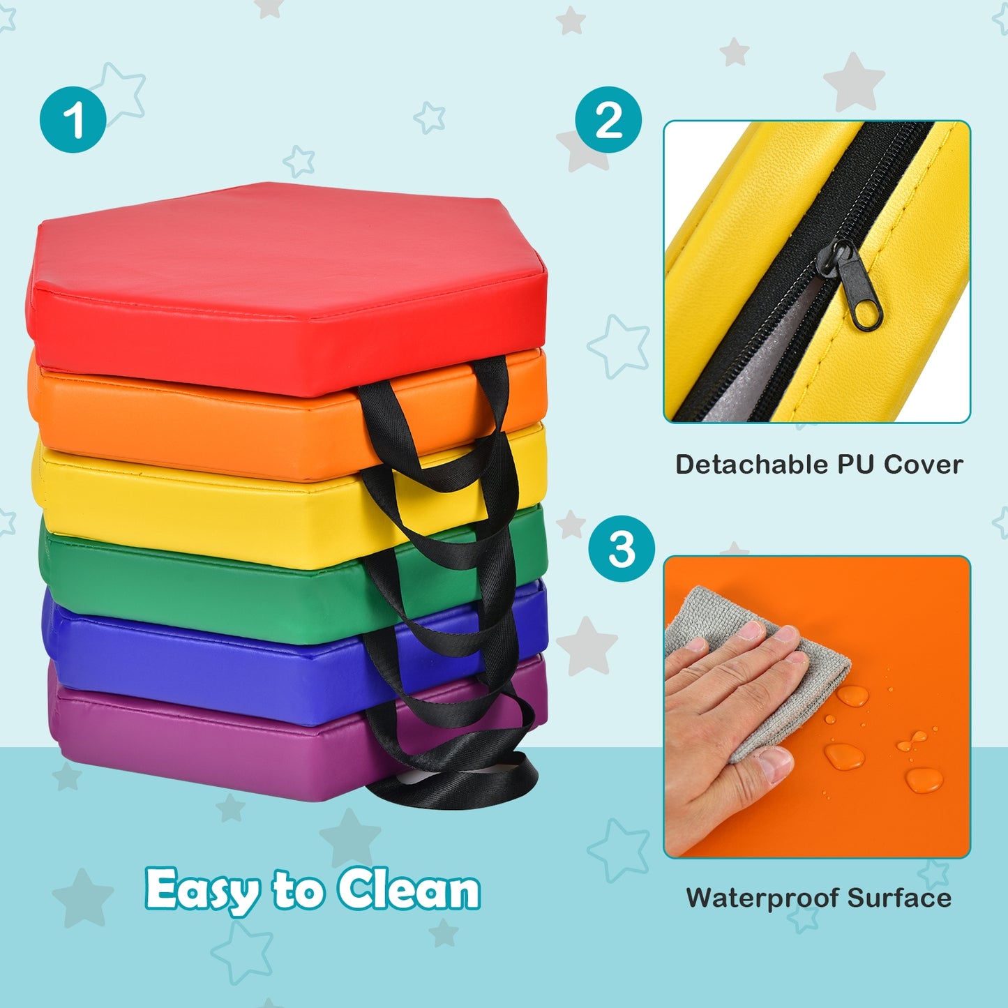 Hexagon Toddler Floor Cushions with Handles, 6-Piece Set