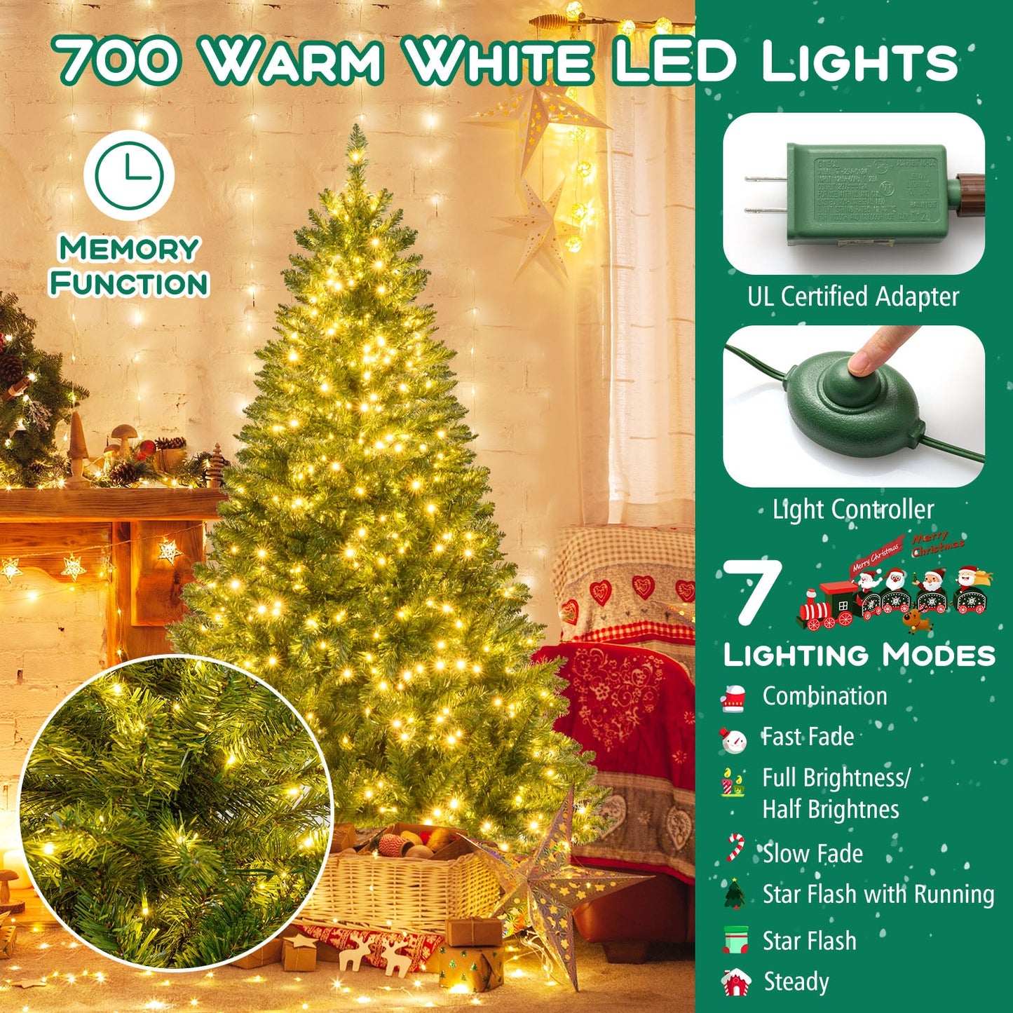 5/6/7 Feet Artificial Christmas Tree Hinged Xmas Tree with 7 Lighting Modes