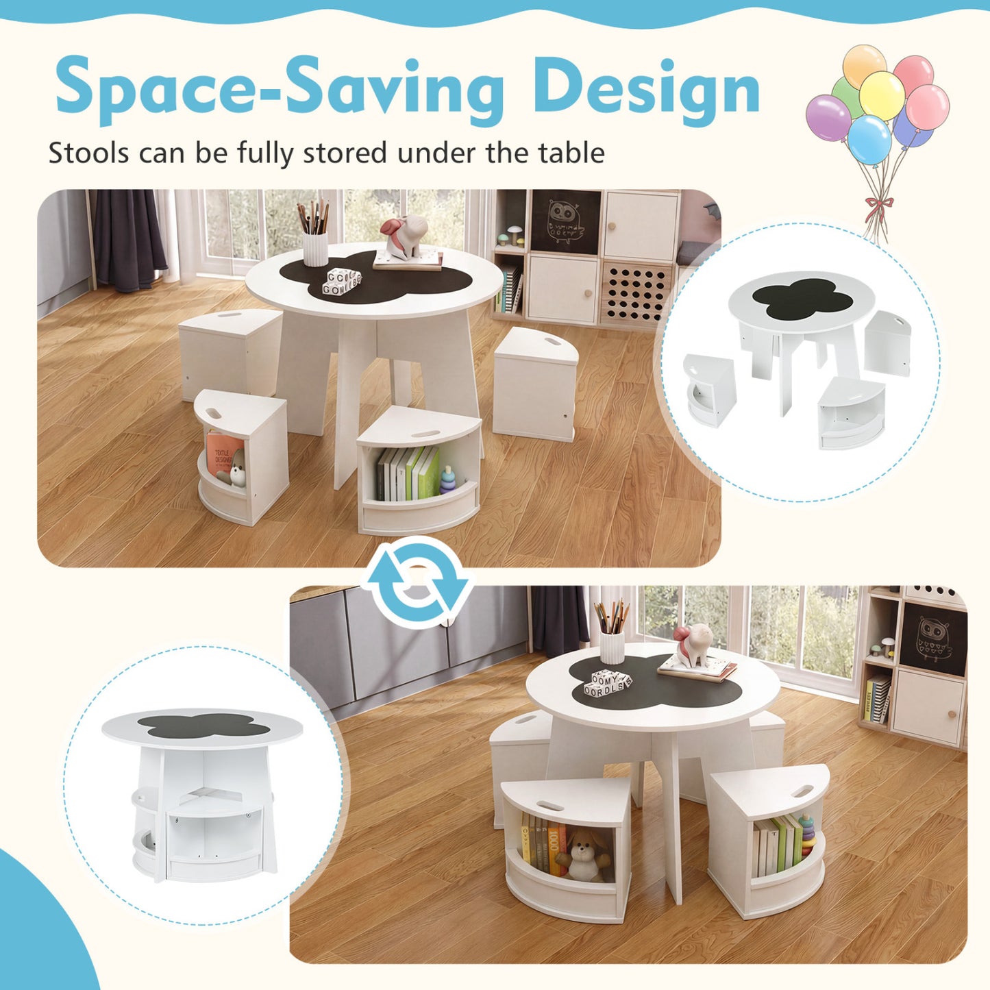 Kids Table and Chair Set with 4 Storage Stools - White