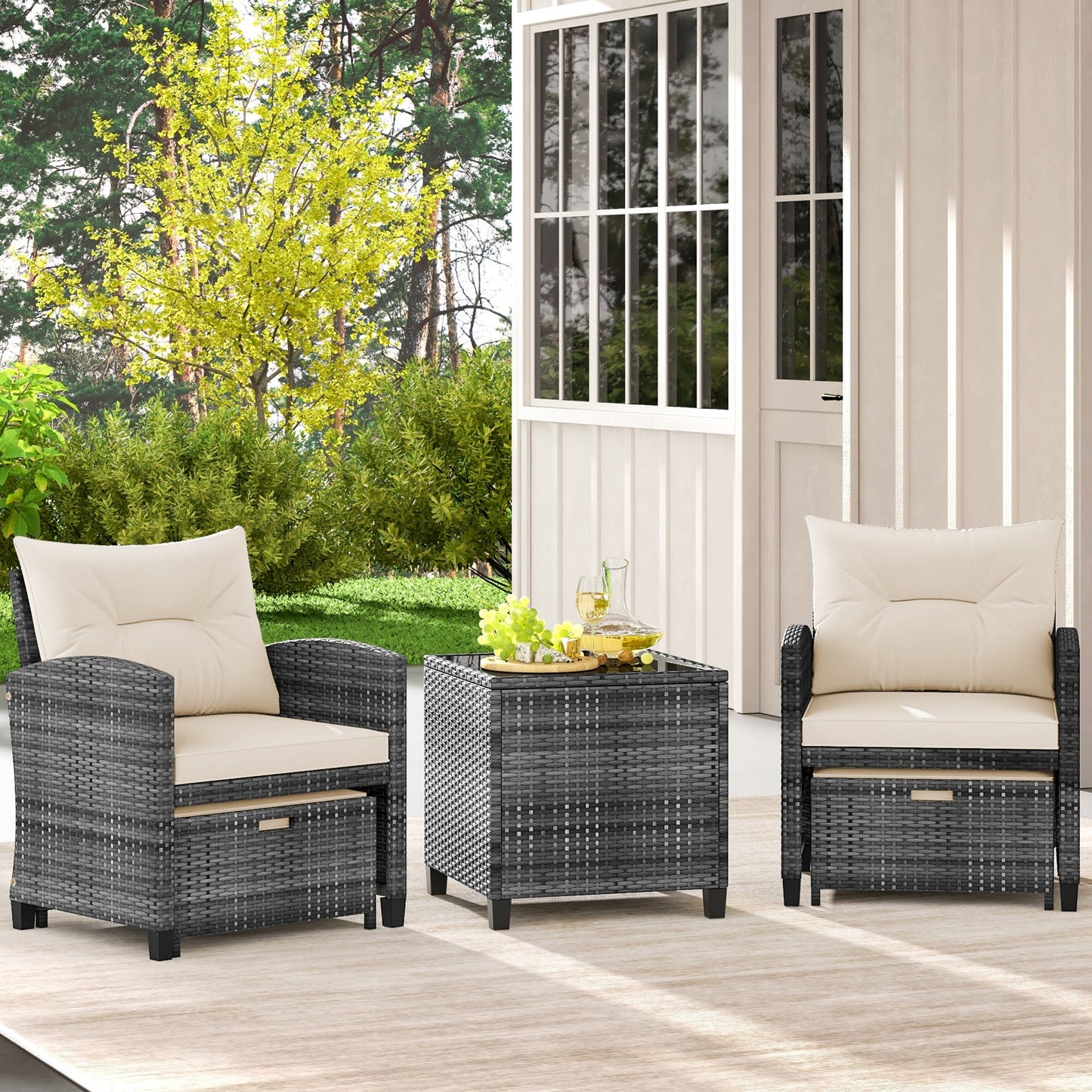 5 Piece Patio Rattan Furniture with 2 Ottomans and Tempered Glass Coffee Table