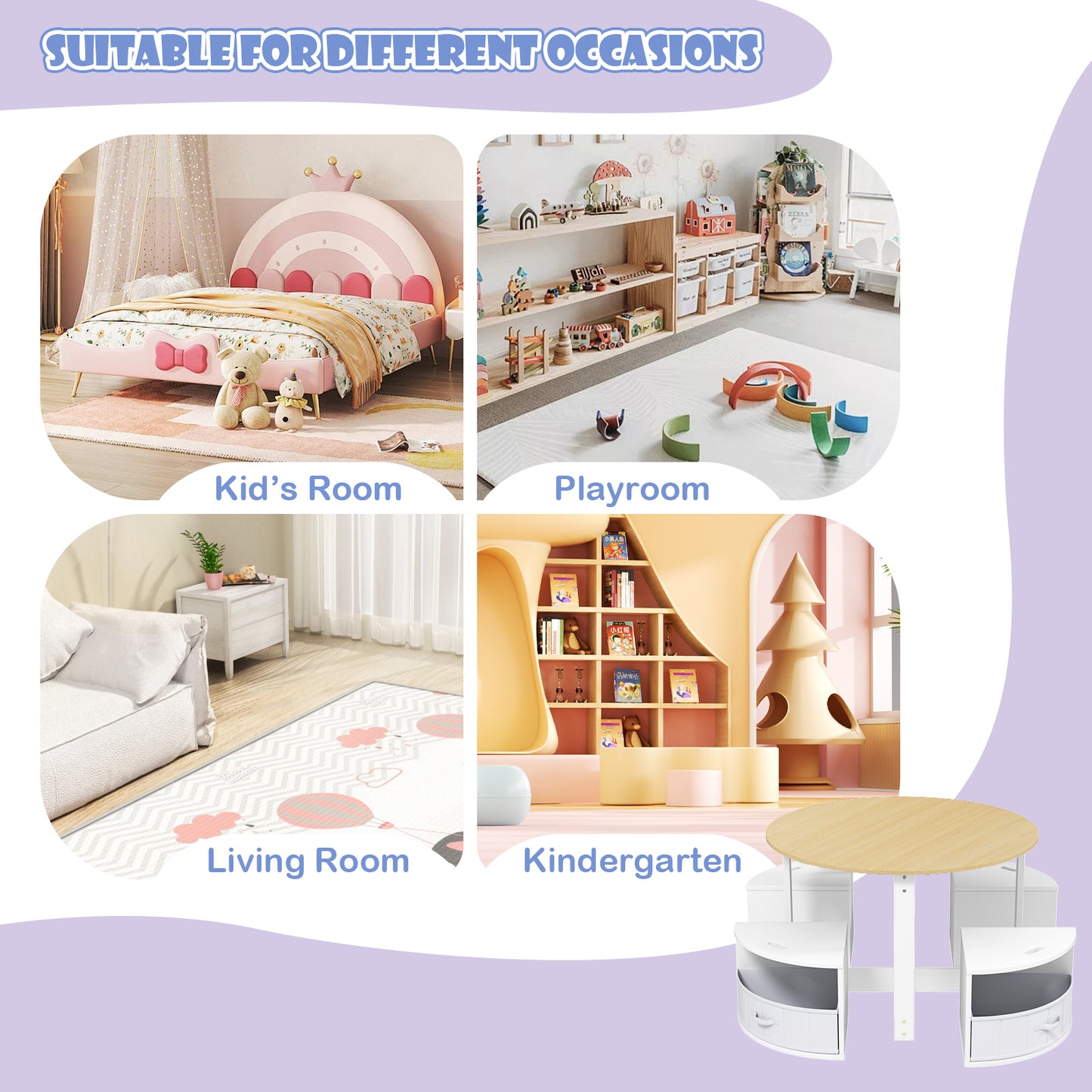 5-Piece Kids Table and Chair Set with Storage Stools