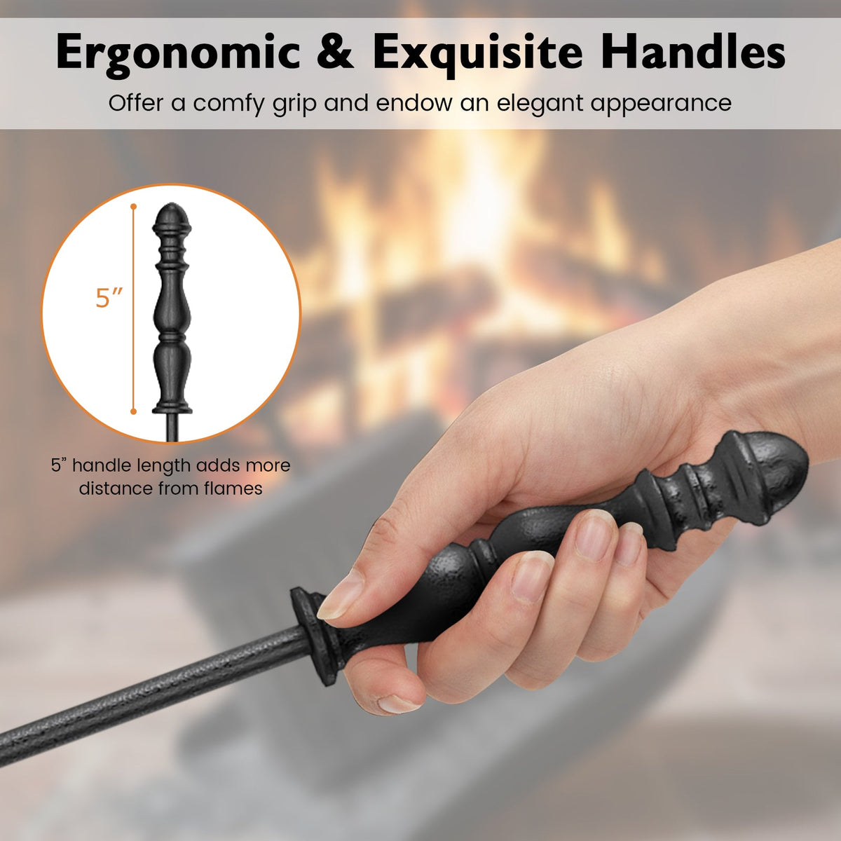 5-Pieces Fireplace Tool Set with Poker Tongs Brush Shovel and Round Stand