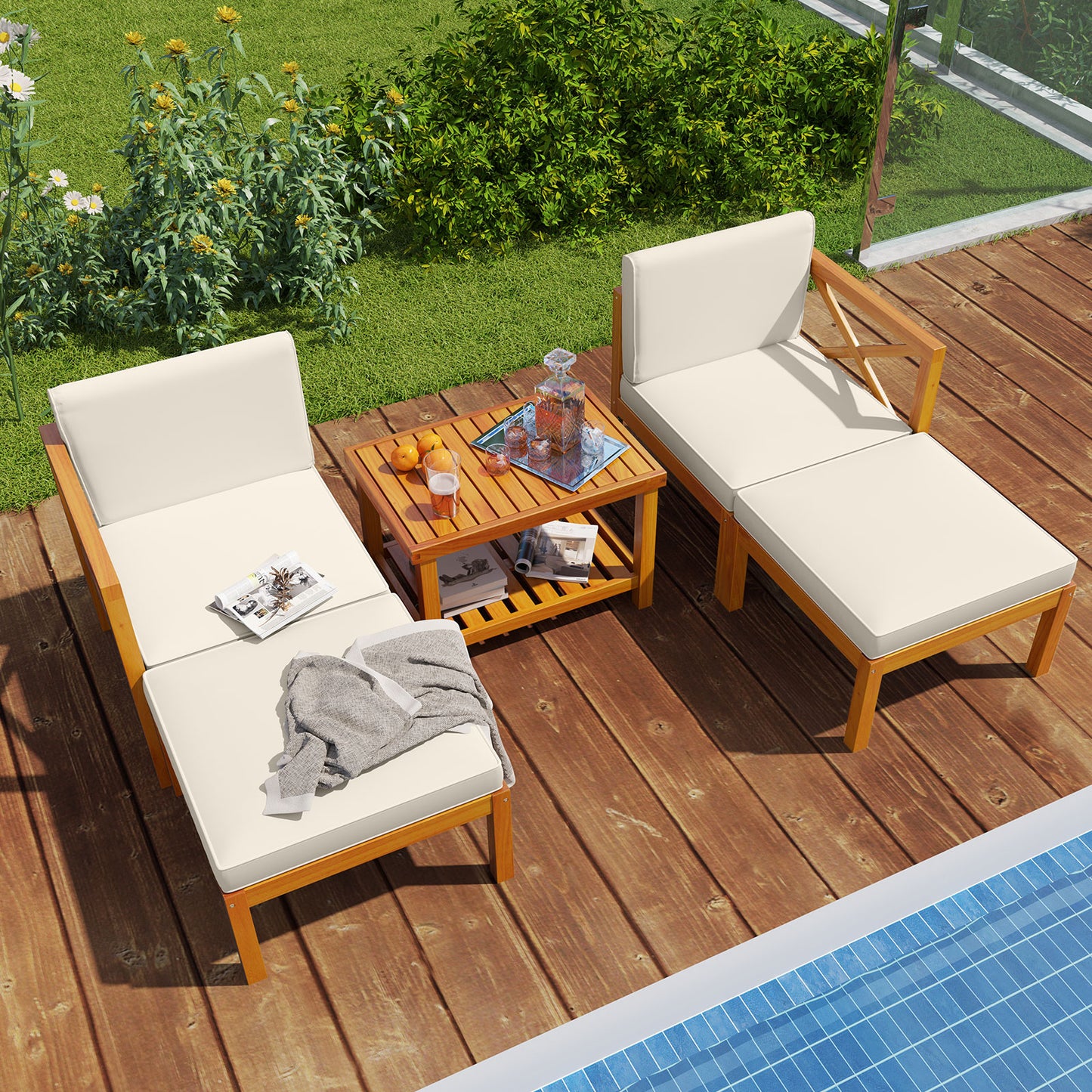 5-Piece Acacia Wood Patio Lounge Set with Ottomans