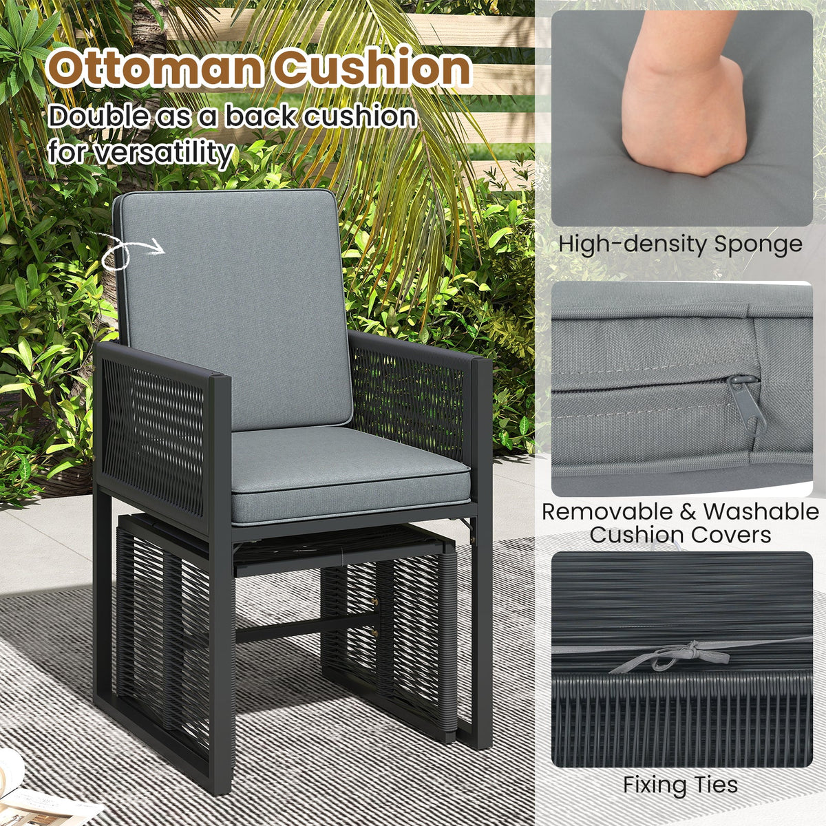 5 Pieces Outdoor Conversation Set with Removable Cushions for Backyard Porch-Gray