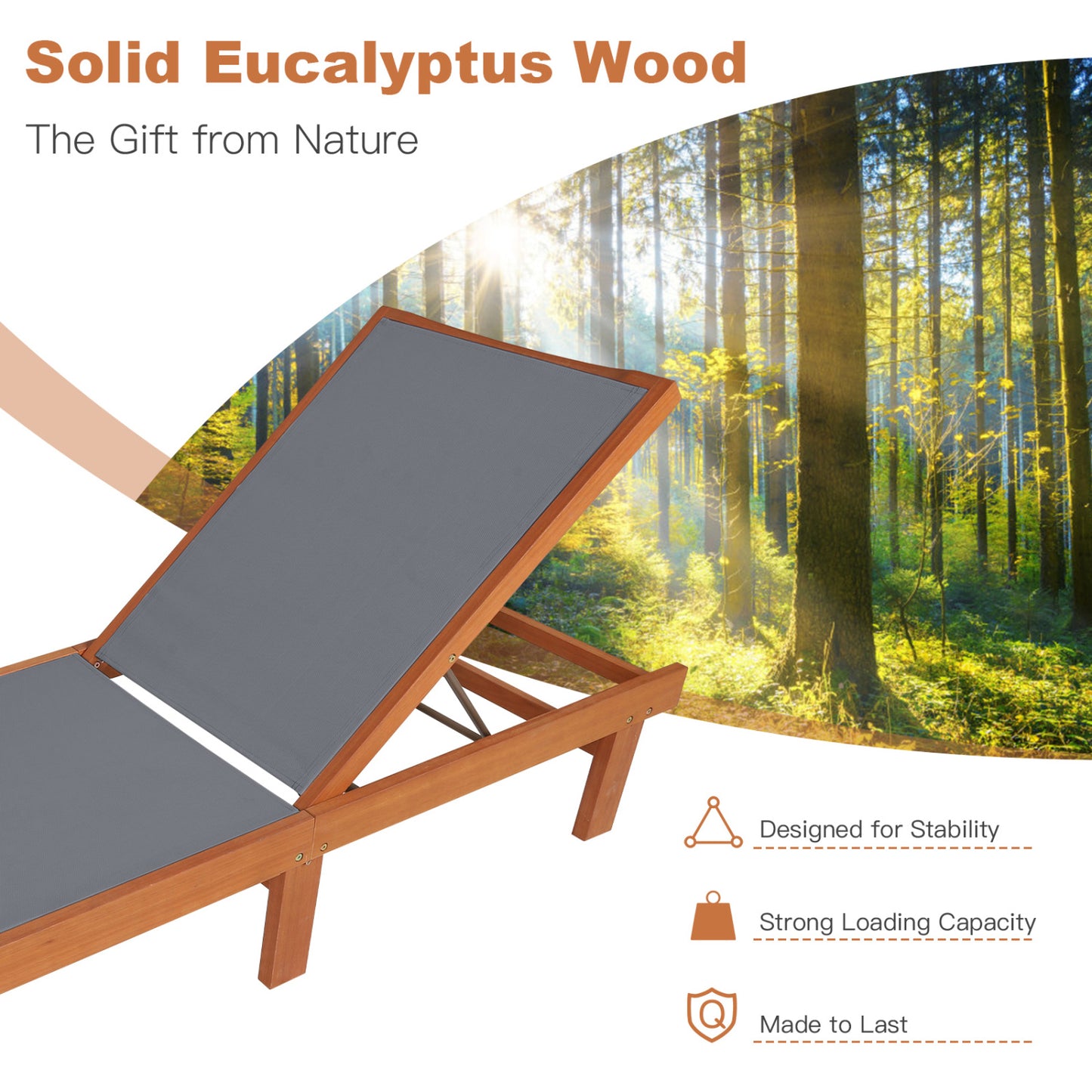 Adjustable Outdoor Wood Chaise Lounge Chair - 5 Positions