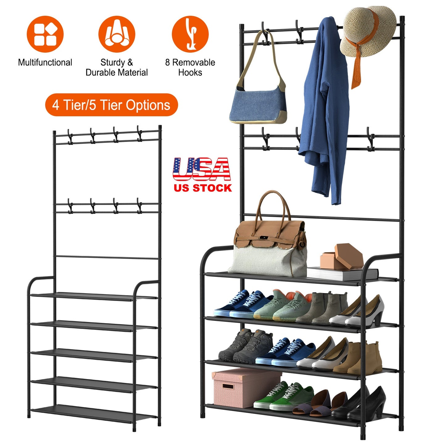 Entryway Coat Rack with 4-Tier Shoe Storage Shelf