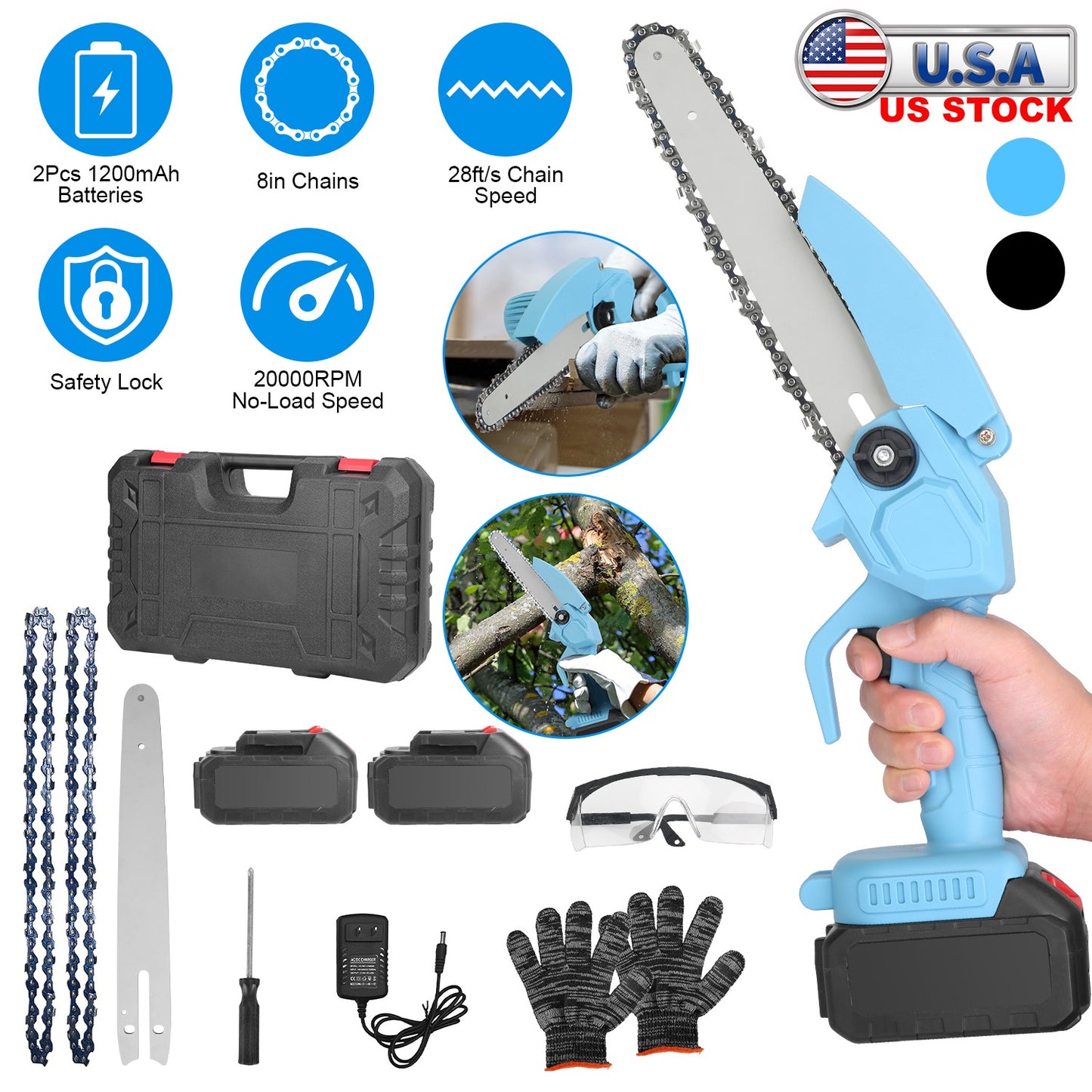 Mini Chainsaw Cordless 8-Inch with 2 Batteries and Accessories