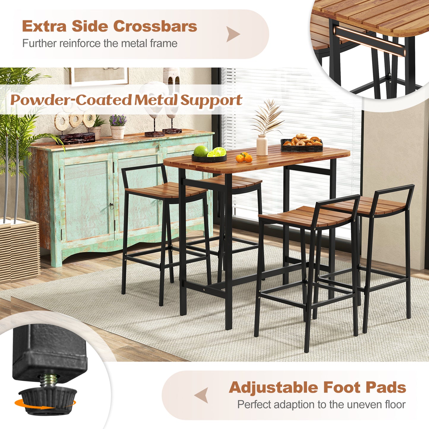 5-Piece Acacia Wood Bar Table Set with Metal Frame