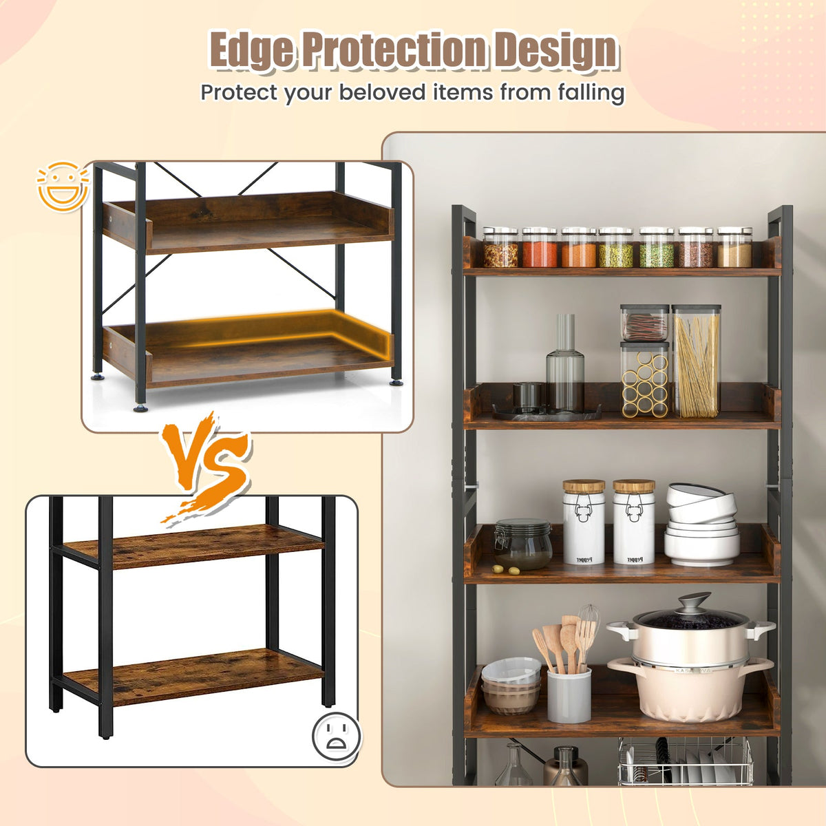 6-Tier Tall Industrial Bookcase with Open Shelves and 4 Hooks-Brown