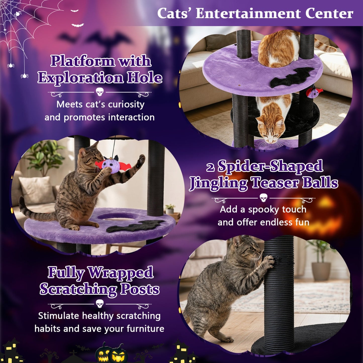 60" Gothic Cat Tower with Plush Perch and Hanging Toys