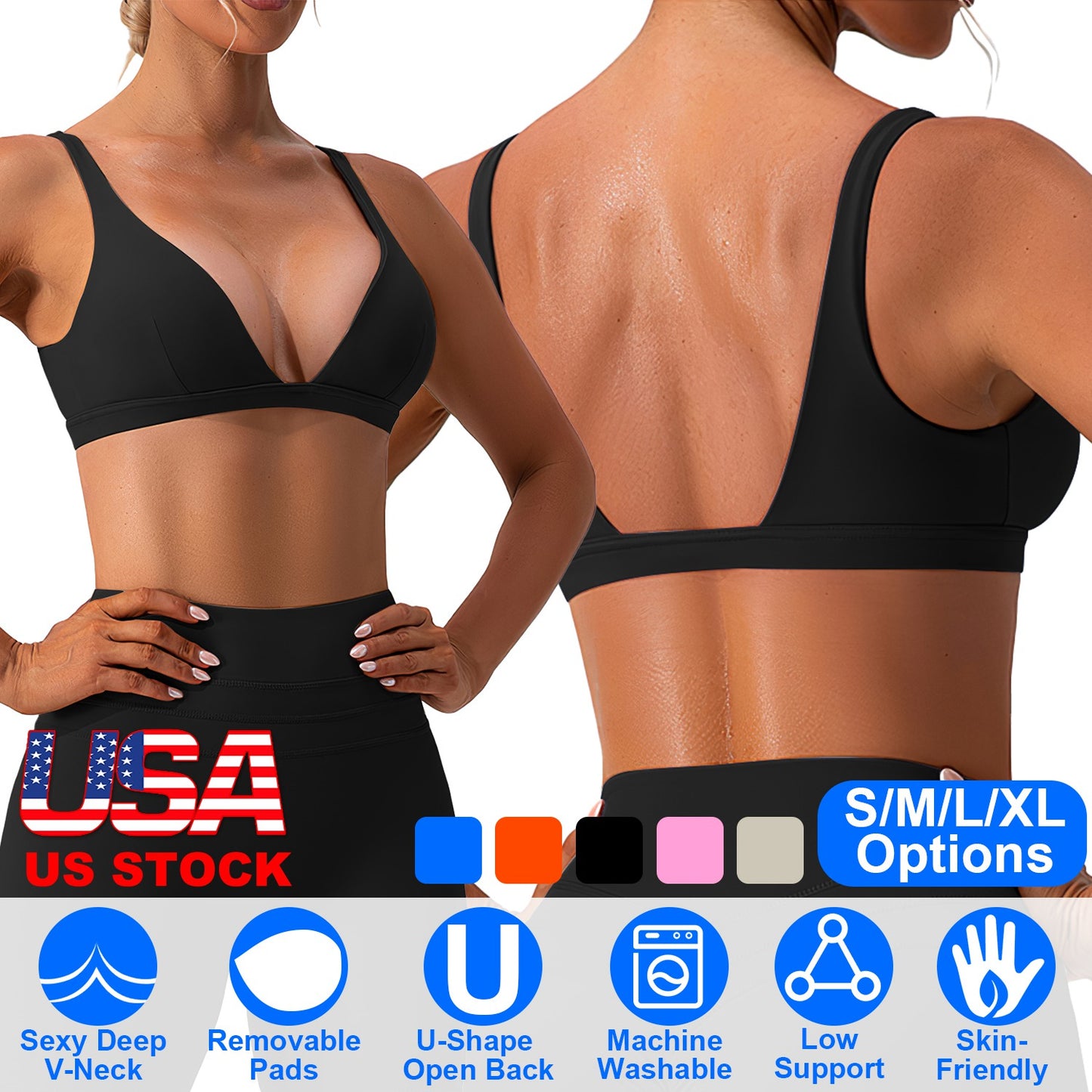 Women Deep V-Neck Sports Bras U-Shaped Back Sport Bras Padded Strappy Crop Open Back Low Impact Bras Sexy Fitness Tank Tops with Removable Pads for Gy
