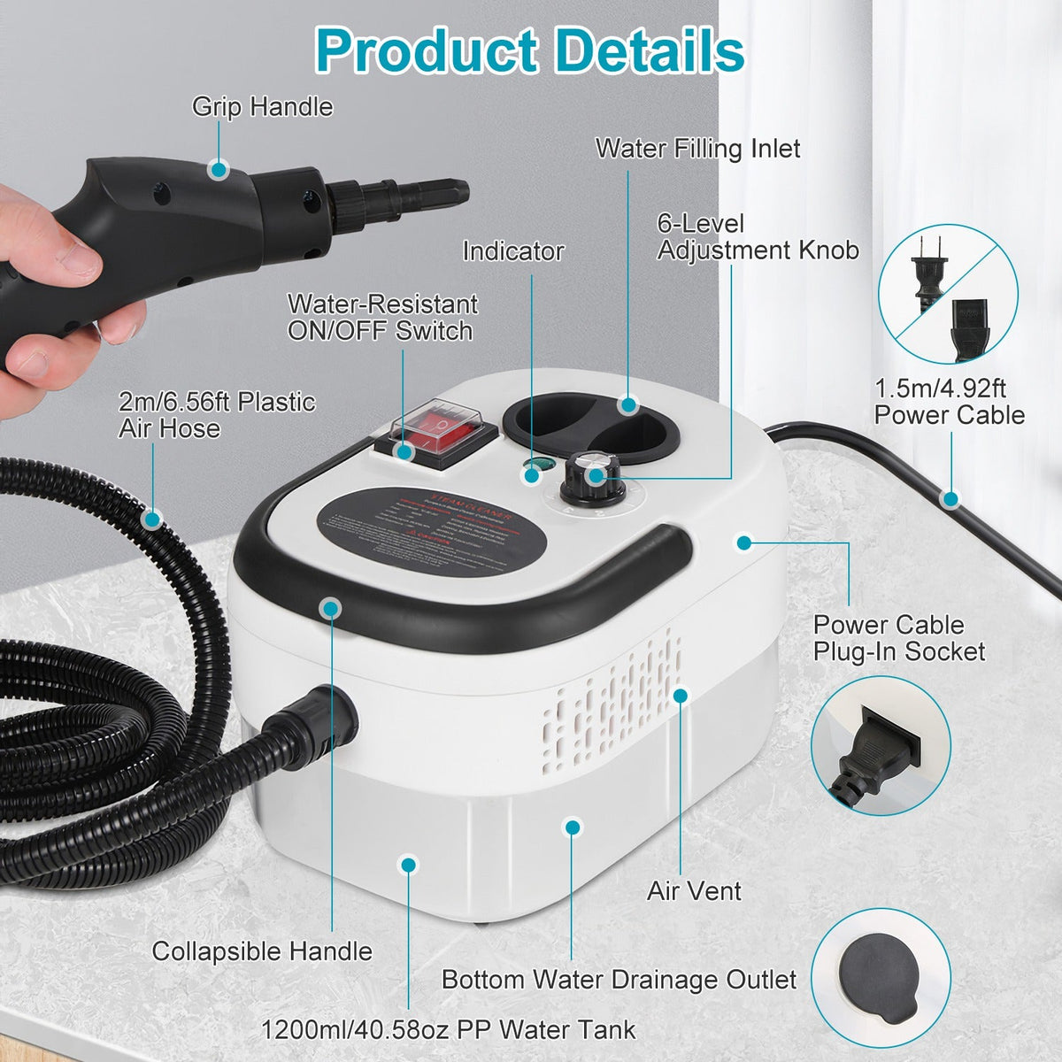 2500W Handheld Steam Cleaner with 6 Speed Settings & Gloves