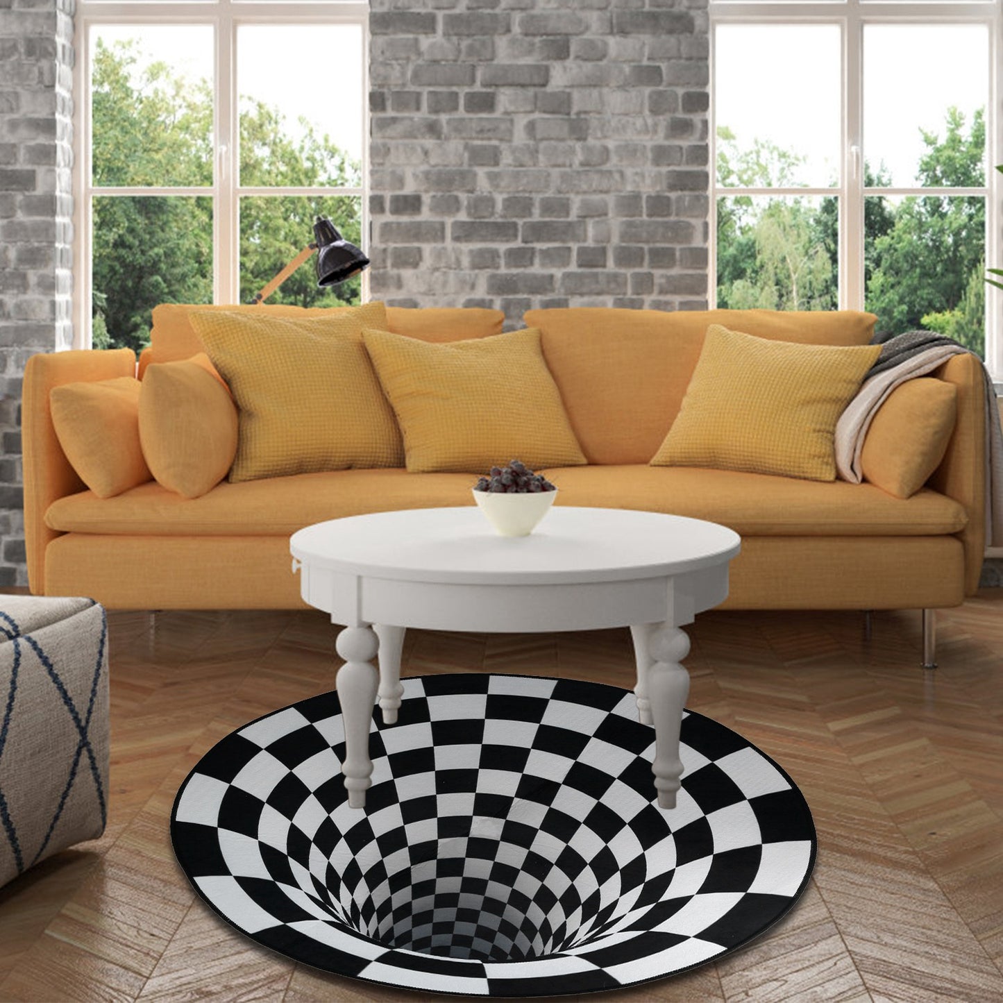 3D Illusion Round Area Rug - Black & White Checkered Design