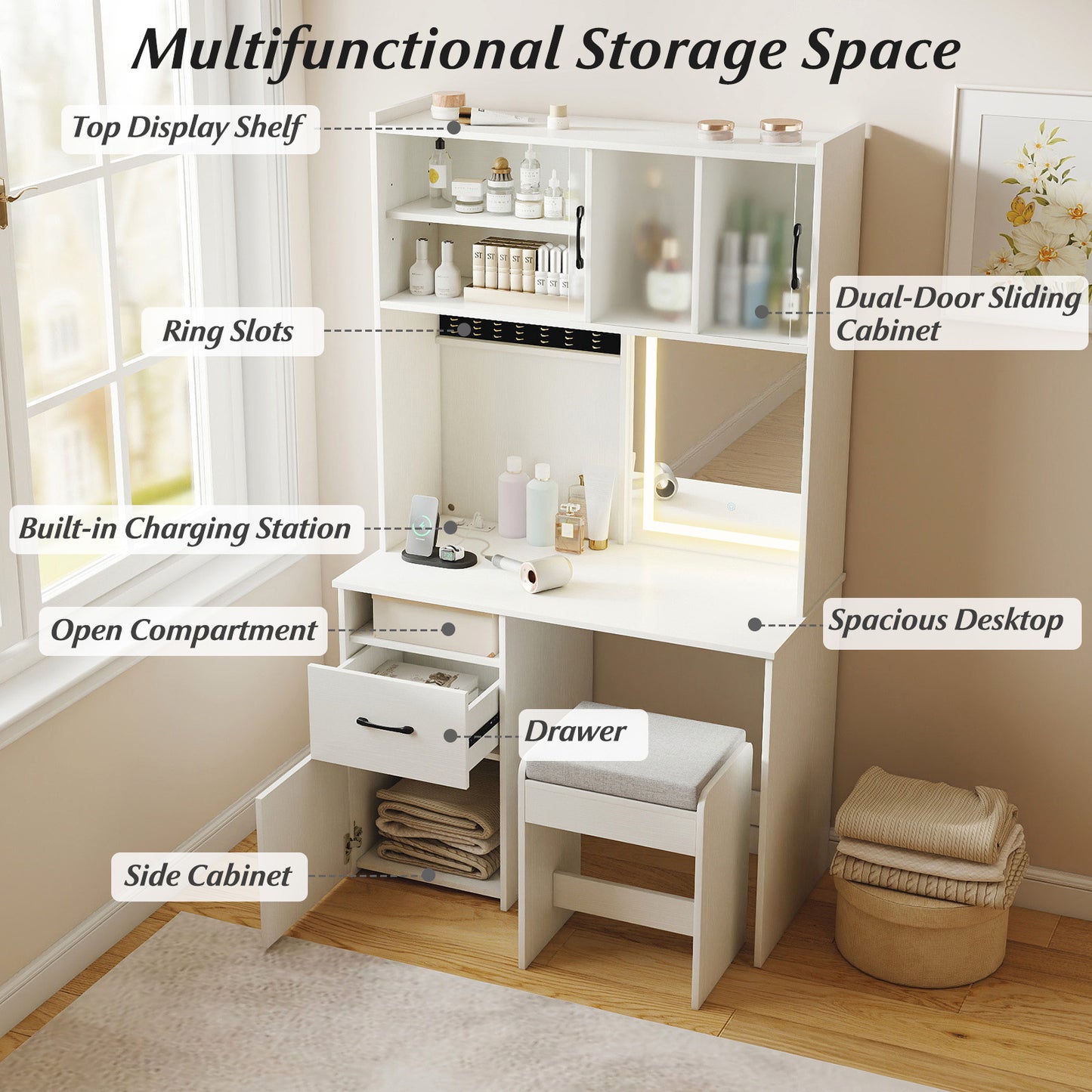 Tall Vanity Set with Lighted Mirror and Charging Station