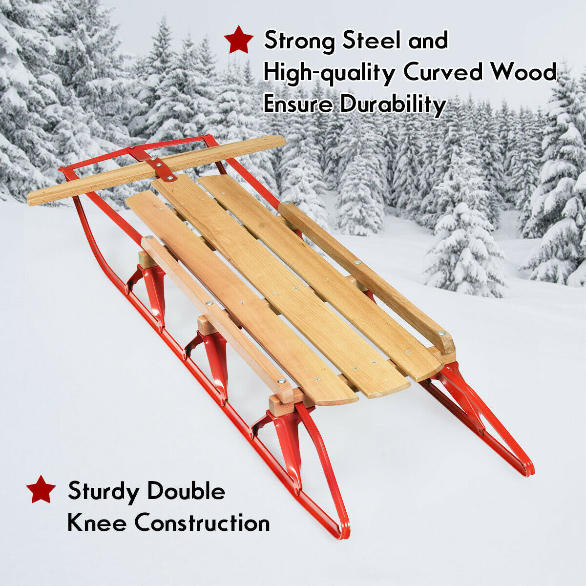 54 Inch Wood Snow Sled with Metal Runners and Steering Bar