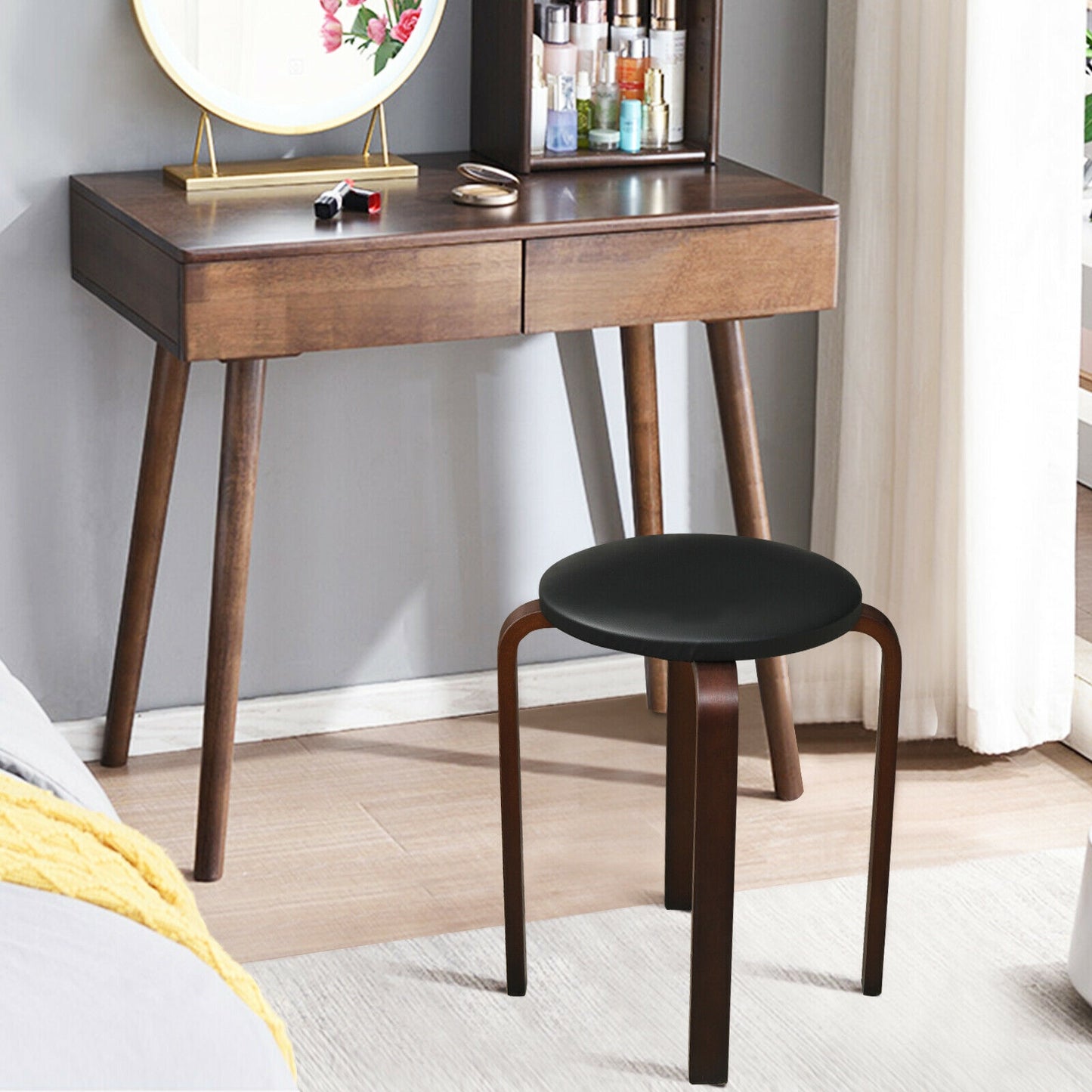 Stackable Bentwood Dining Stools with Padded Seat, Set of 4