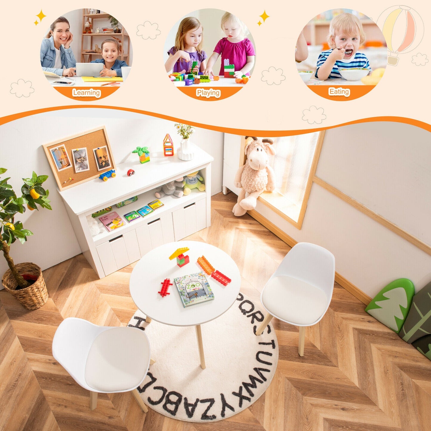 Kids Activity Table and 2 Chairs Set with Cushioned Seats
