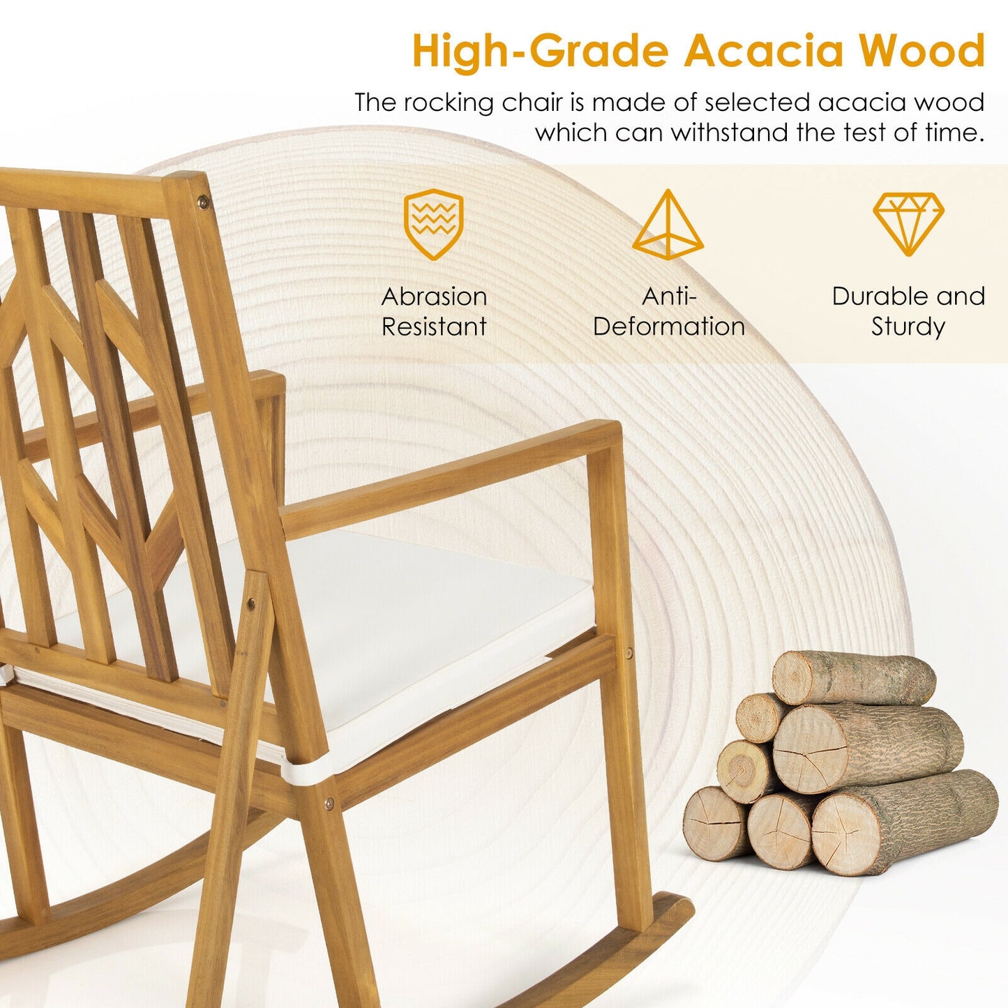 Acacia Wood Patio Rocking Chair with Cushion and Armrests