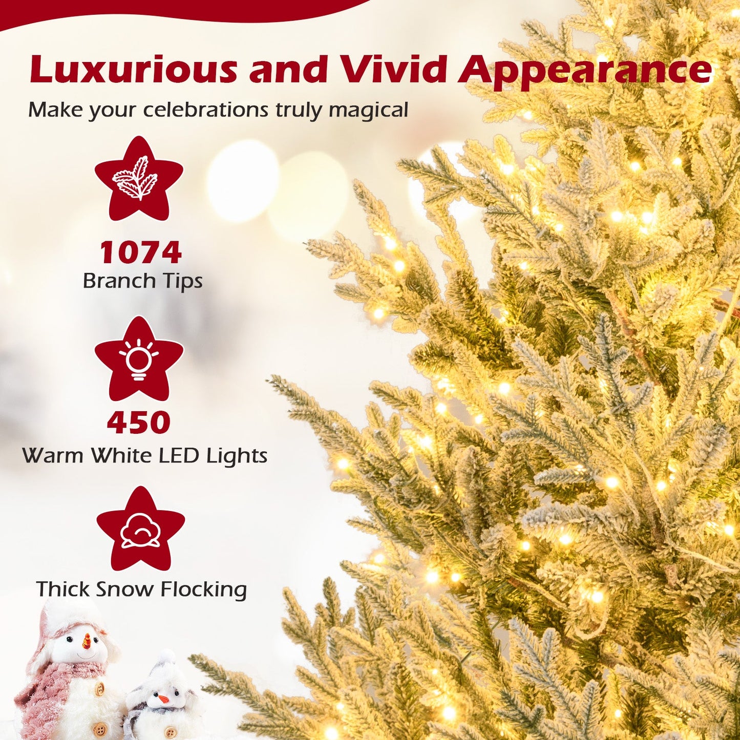 6/7/8 Feet Pre-Lit Artificial Christmas Tree Hinged Snow Flocked Xmas Tree