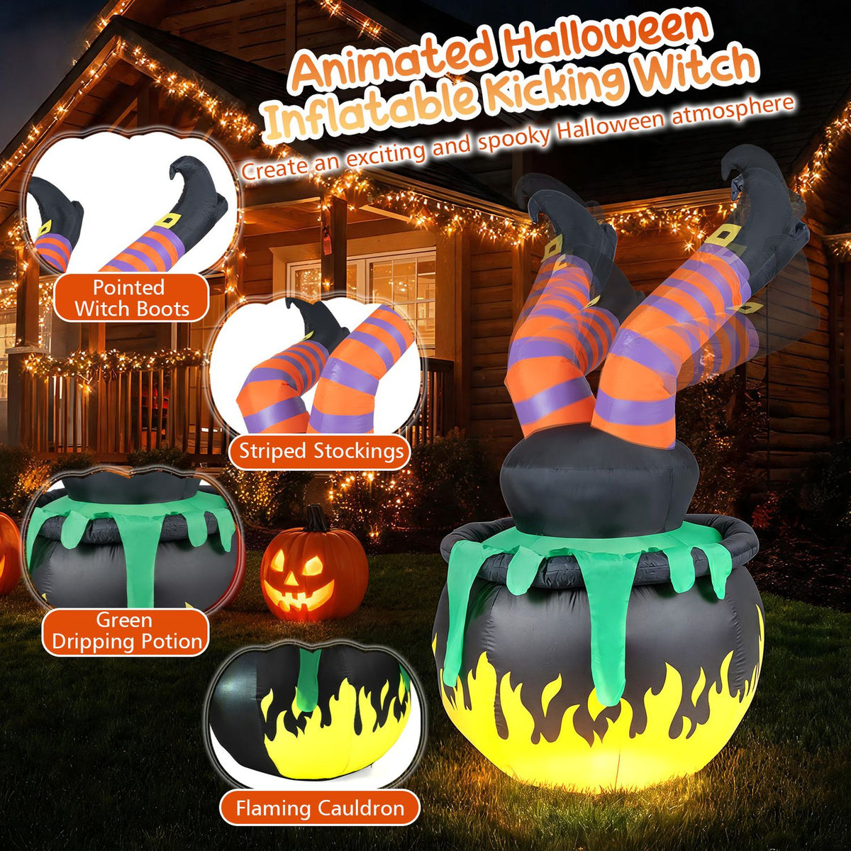 6 FT Animated Halloween Inflatable Kicking Witch with LED Light