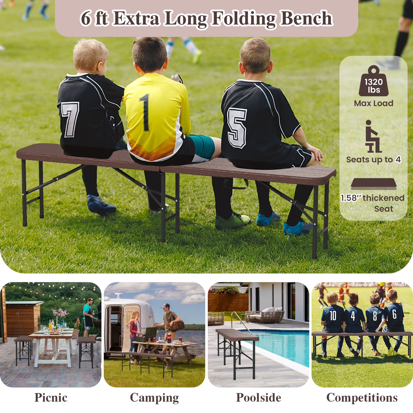 6 Ft Folding Outdoor Bench with 1320 LBS Capacity