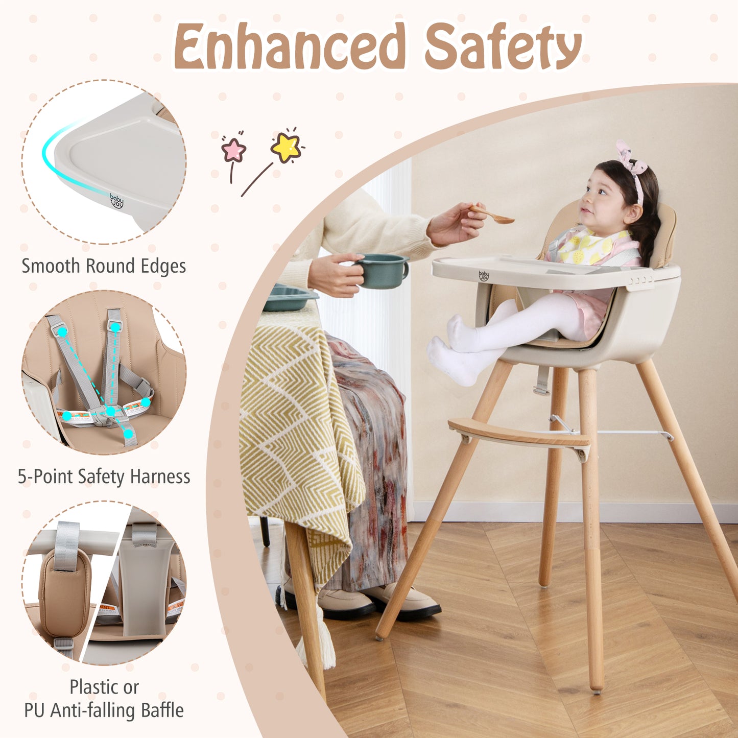 Convertible Wooden High Chair with Safety Harness