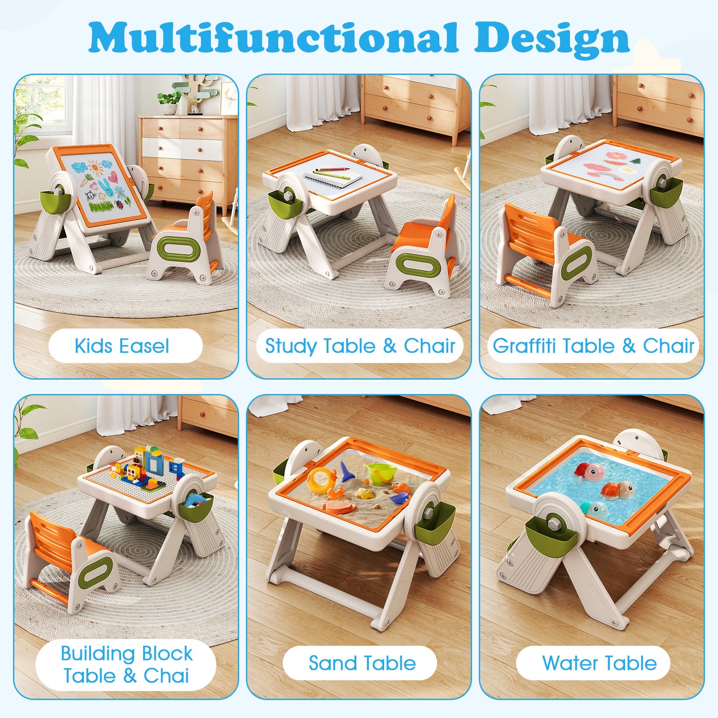 6-in-1 Multi-Activity Kids Table and Chair Set with Easel