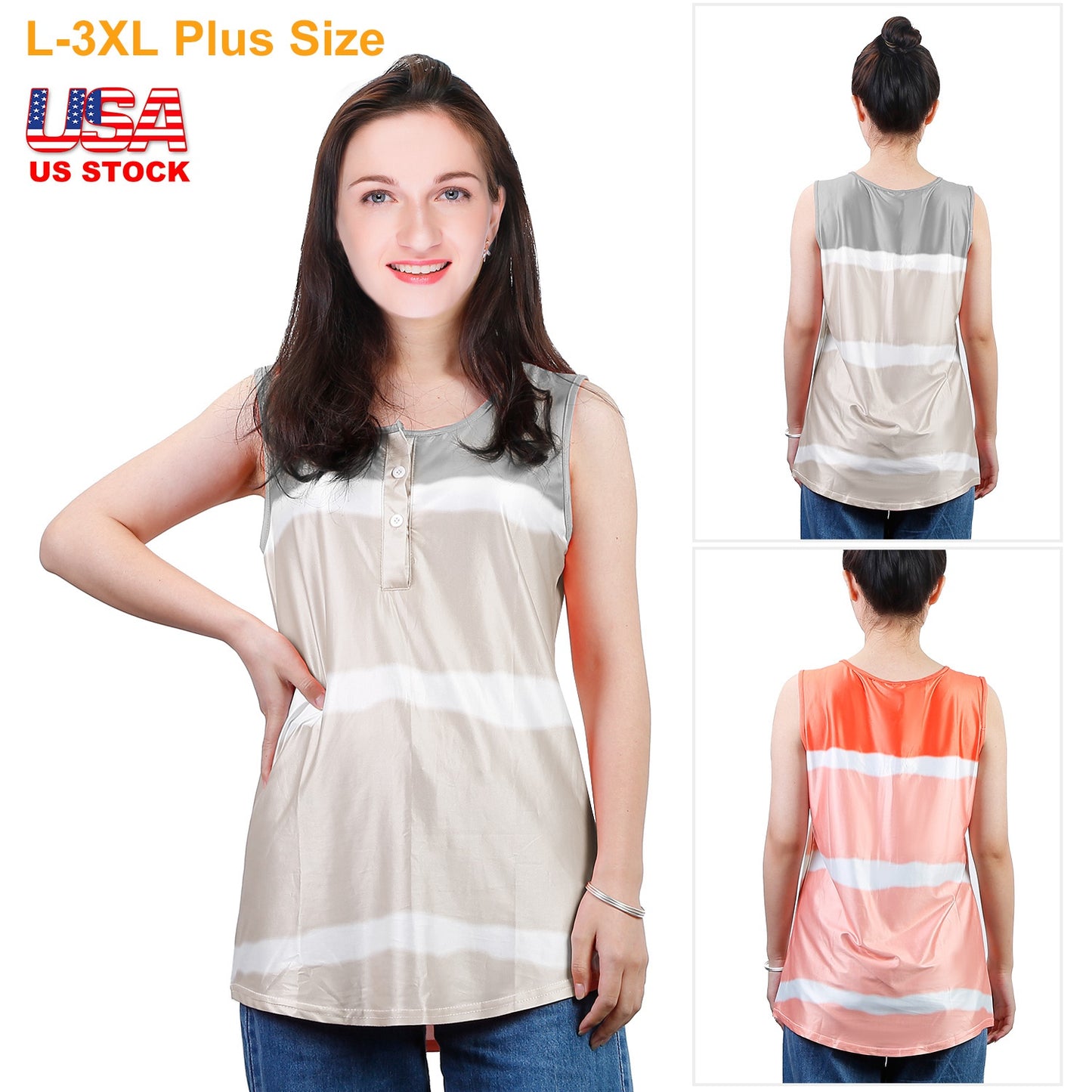 Women Tie-dye Sleeveless Tank Tops Summer Loose T Shirts Tops Button Down Shirts Vest Blouse Plus Size
