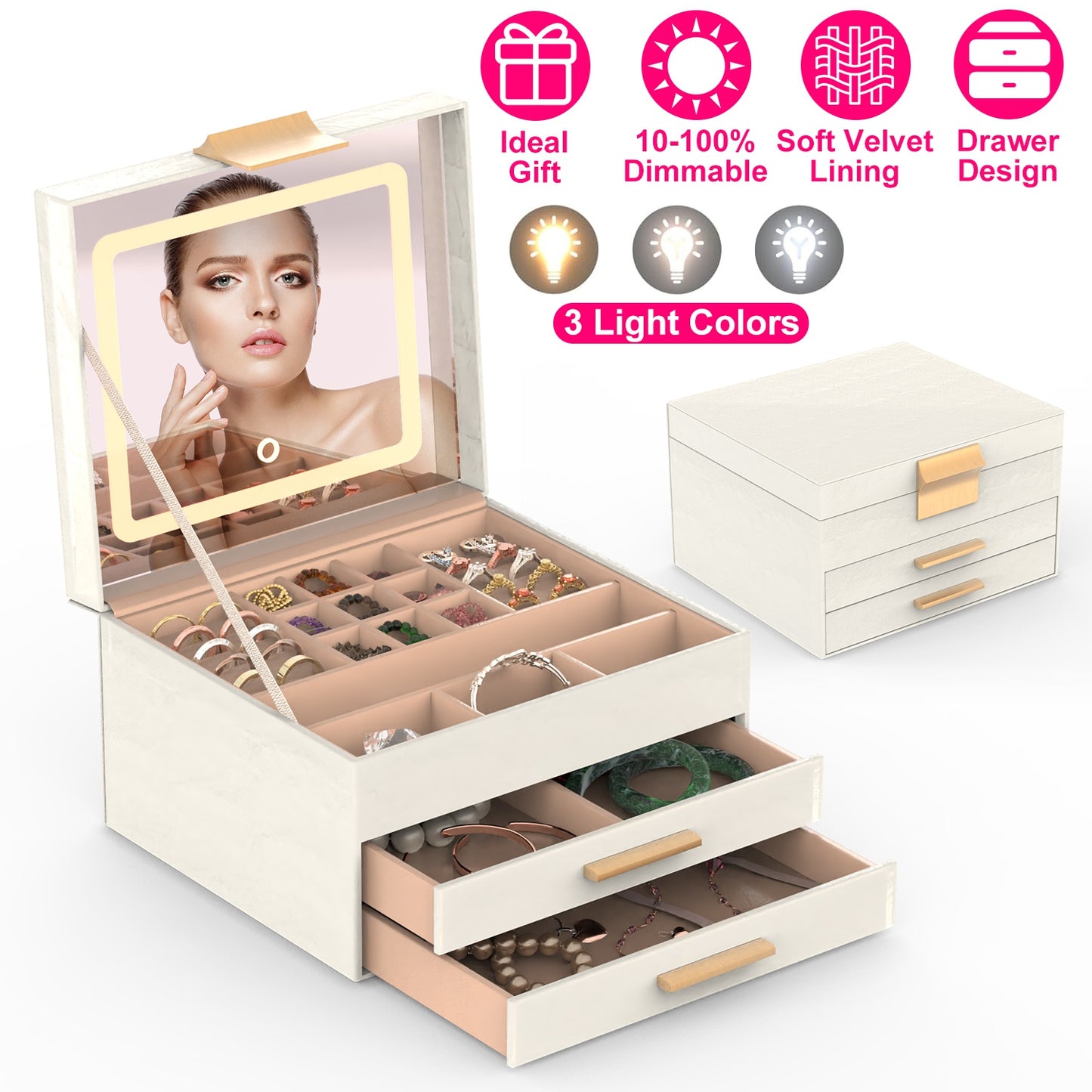 LED Mirror Jewelry Box with 2 Drawers