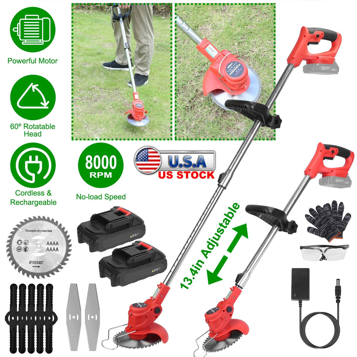 Electric Cordless Grass Trimmer Rechargeable Lawn Mower Weed Cutter with 2 Alloy Saw Blades 2 Alloy Blades 10 Plastic Blades 2 Rechargeable Batteries