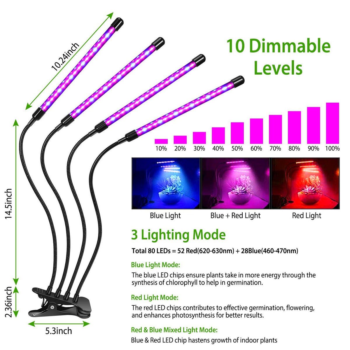 Grow Lights for Indoor Plants, iMounTEK 80W 80 LEDs Plant Lights with Red Blue Full Spectrum 10 Dimmable Level 360¡Adjustable Gooseneck 3/6/12H Timer