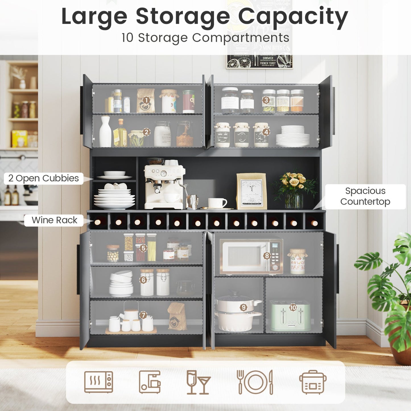70 Inch Farmhouse Pantry Cabinet Kitchen Buffet Hutch with 4 Cabinets and 2 Open Shelves