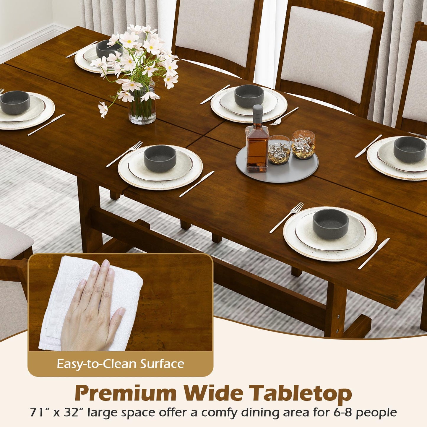 71 Inch Farmhouse Dining Table Wooden Kitchen Table for 6-8 with Rubber Wood Legs-Walnut