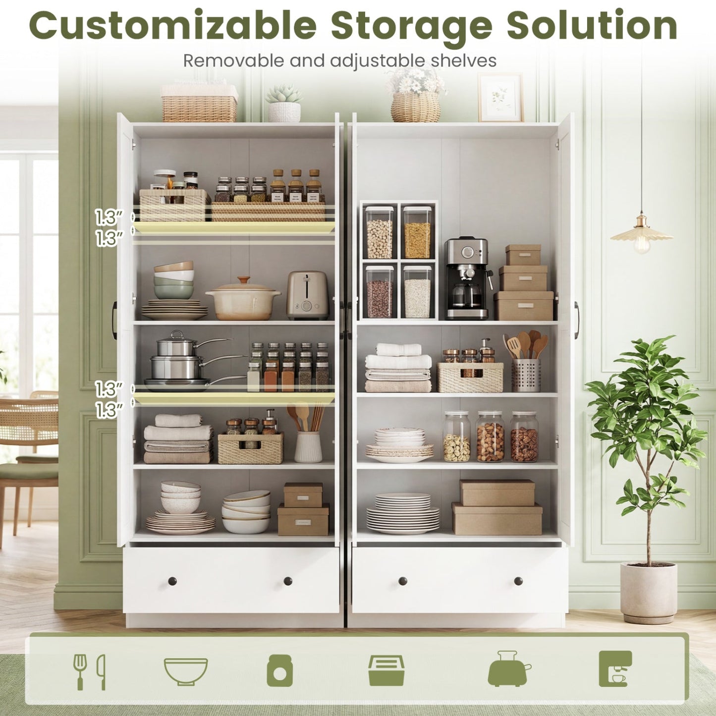72 Inch Tall Kitchen Pantry Cabinet Farmhouse Wooden Cupboard with 2 Doors