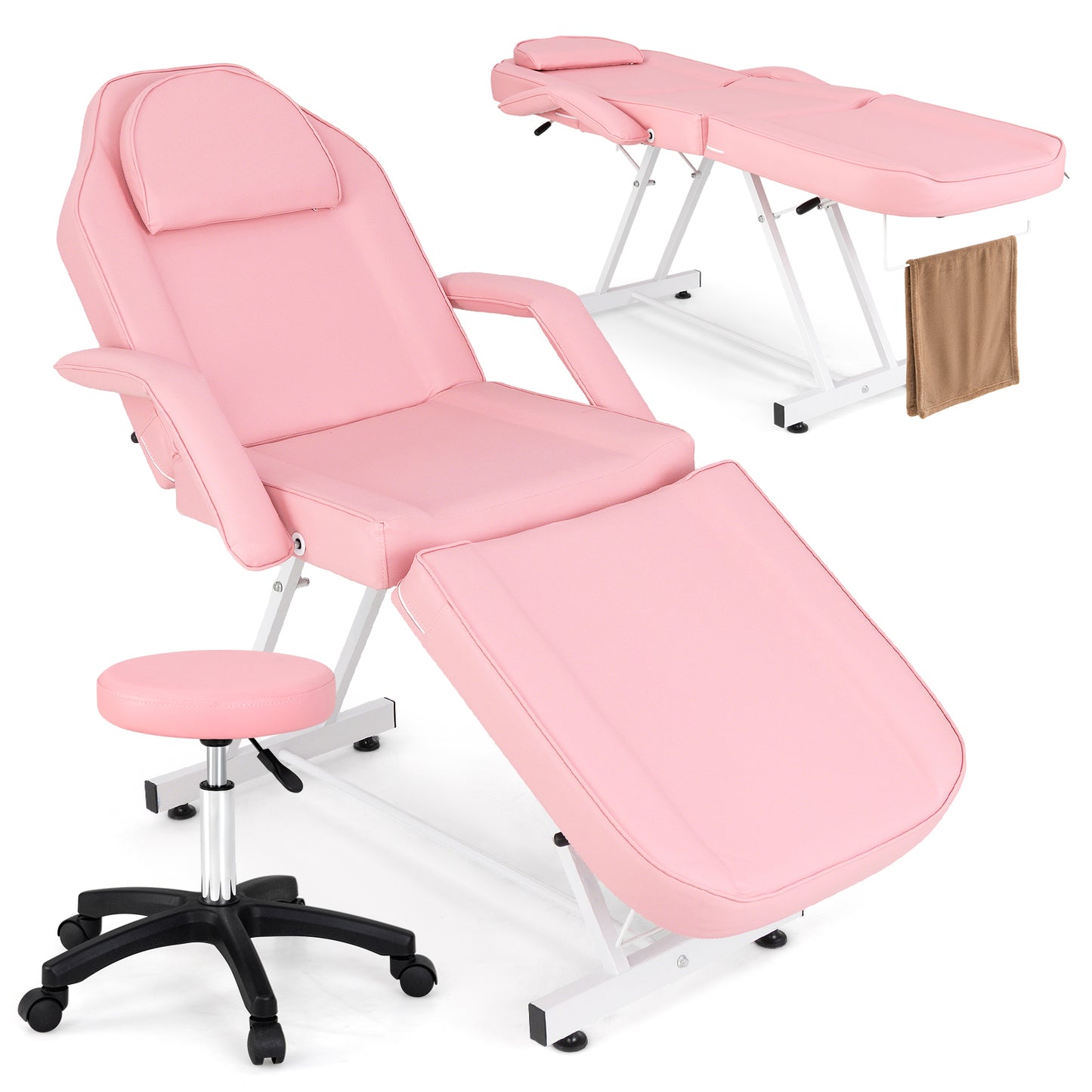 73 Inch Facial Chair Set with Removable Headrest Detachable Armrests and Towel Rack-Pink