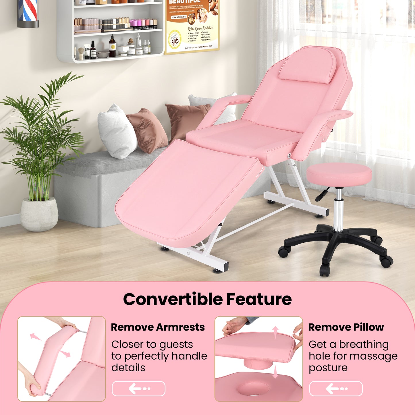 73 Inch Facial Chair Set with Removable Headrest Detachable Armrests and Towel Rack-Pink