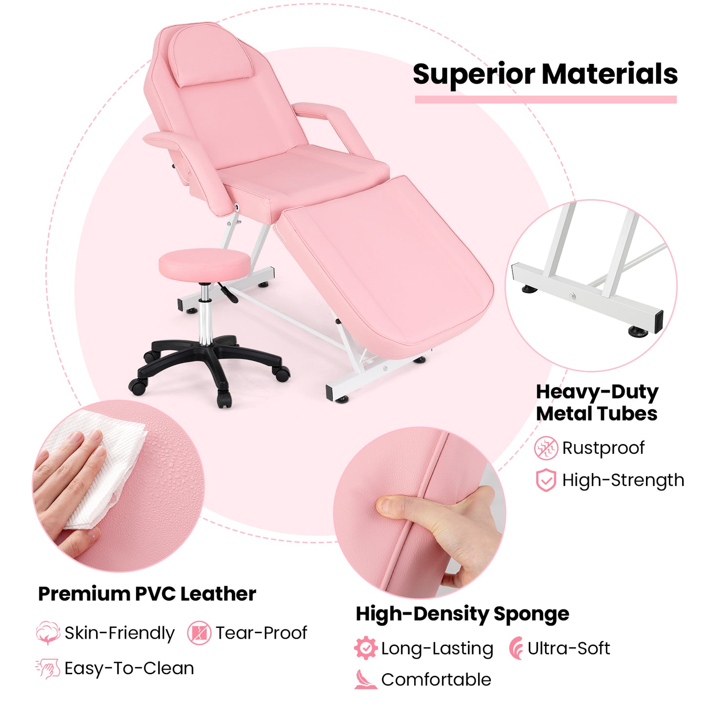 73 Inch Facial Chair Set with Removable Headrest Detachable Armrests and Towel Rack-Pink