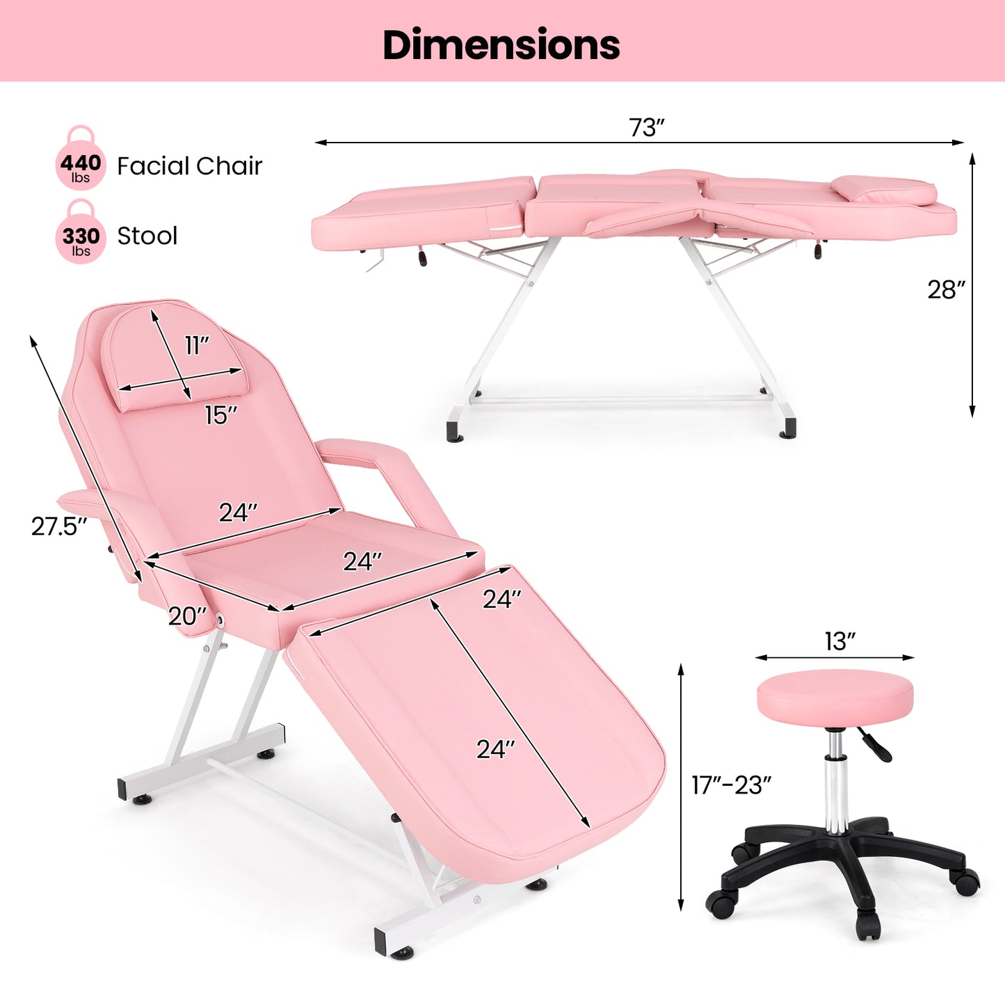 73 Inch Facial Chair Set with Removable Headrest Detachable Armrests and Towel Rack-Pink