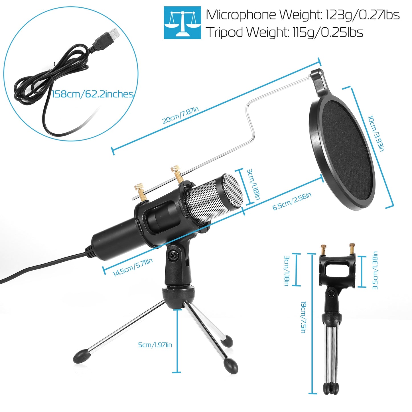 USB Condenser Microphone with Tripod Stand & Pop Filter