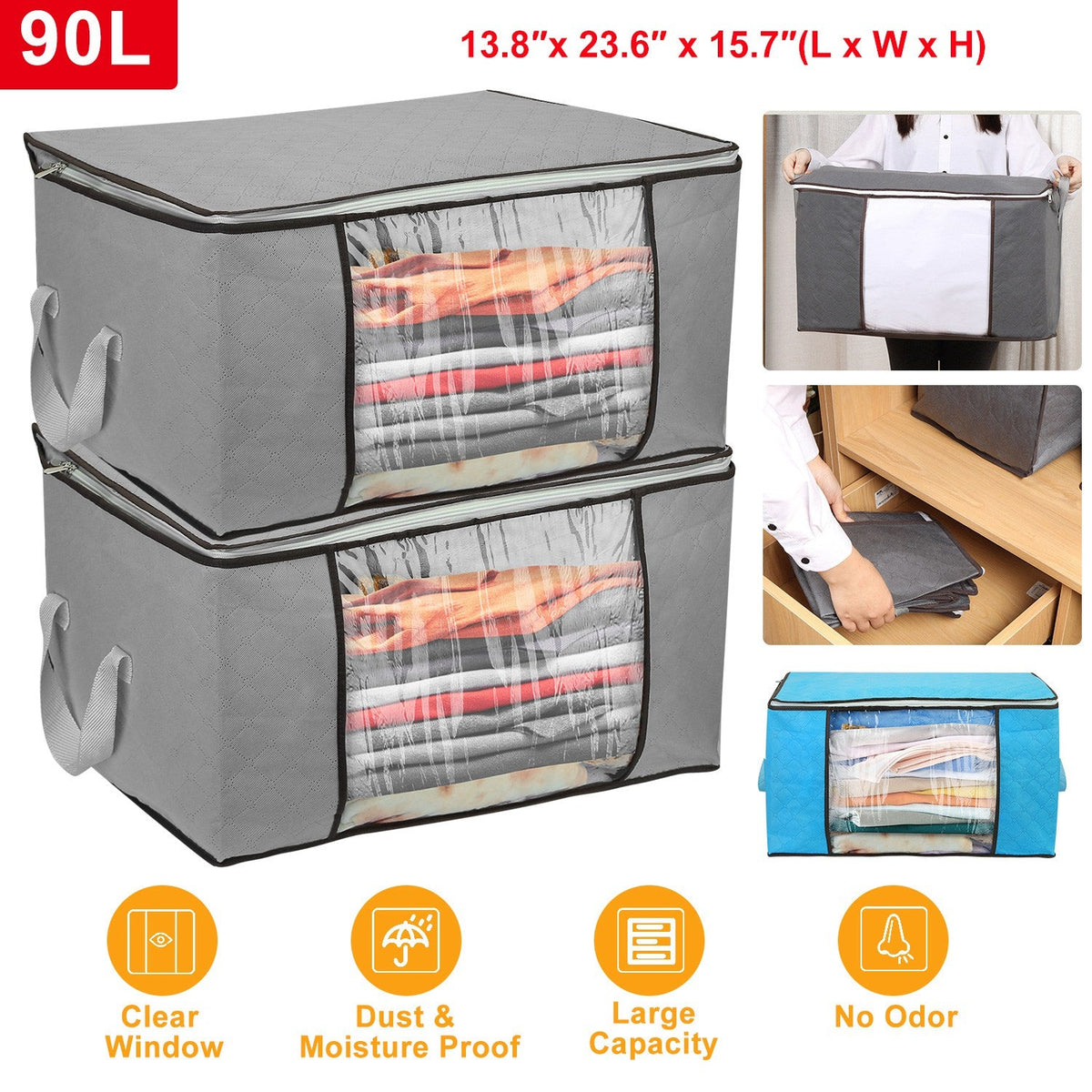 2Pcs Clothes Storage Bag 90L Large Capacity Foldable Closet Organizer w/ Thick Fabric Clear Window Dual-Zipper for Clothes Comforters Blankets Bedding