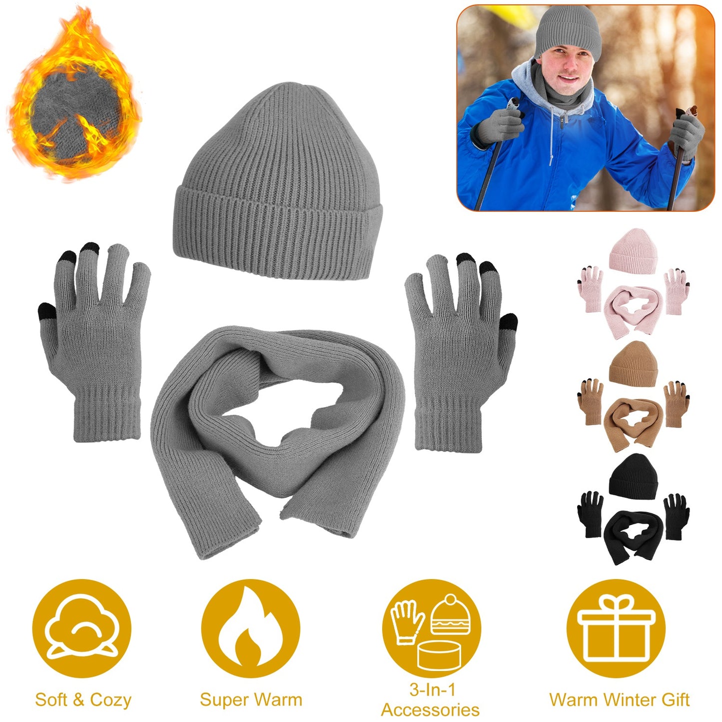 3Pcs Winter Warm Beanie and Touch Screen Gloves
