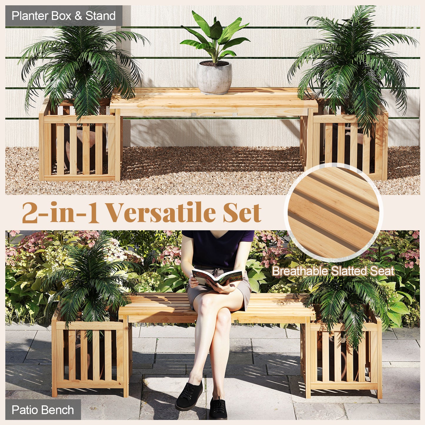 Wooden Bench with Planter Boxes - 2 Person Outdoor Seating