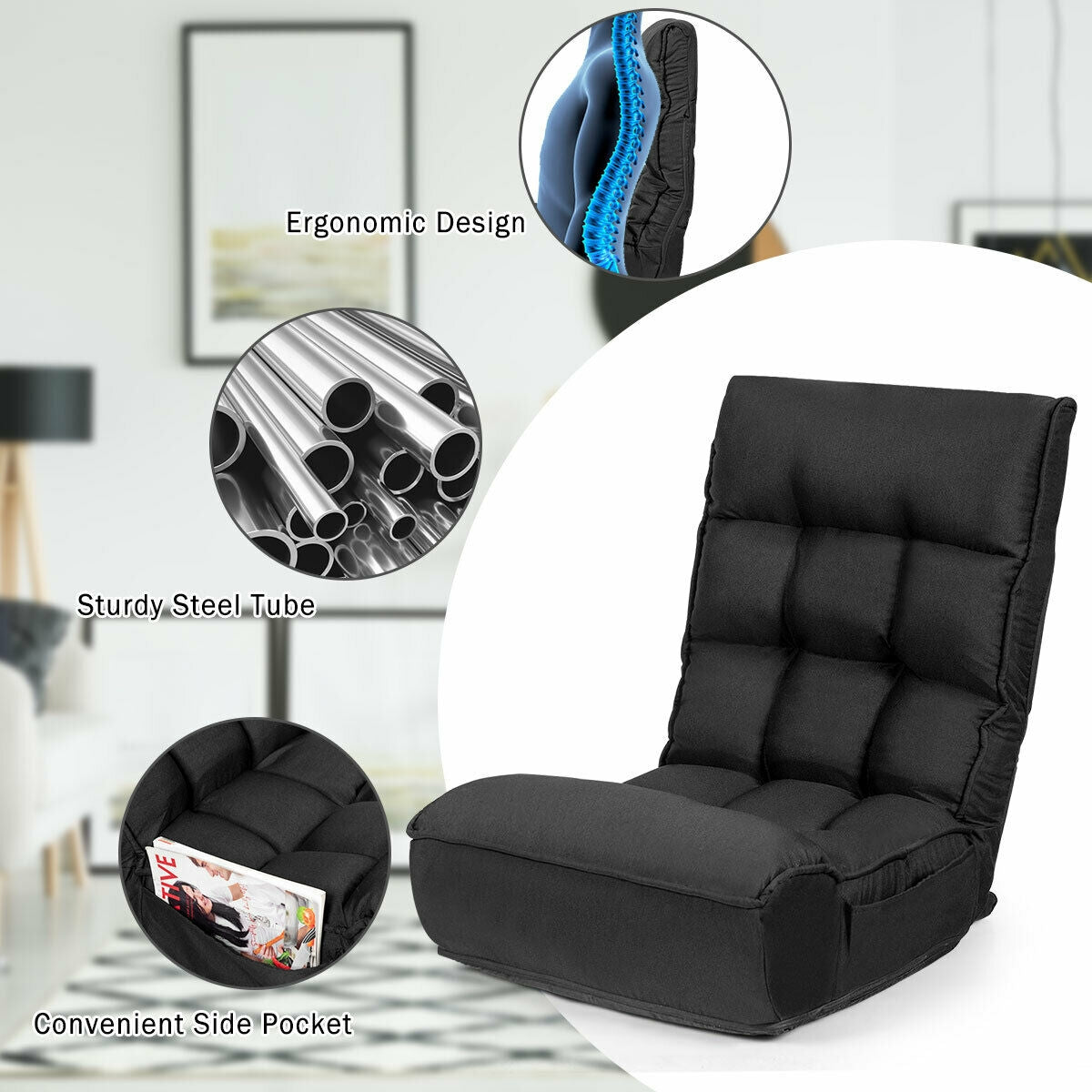 4-Position Adjustable Floor Chair with Folding Design