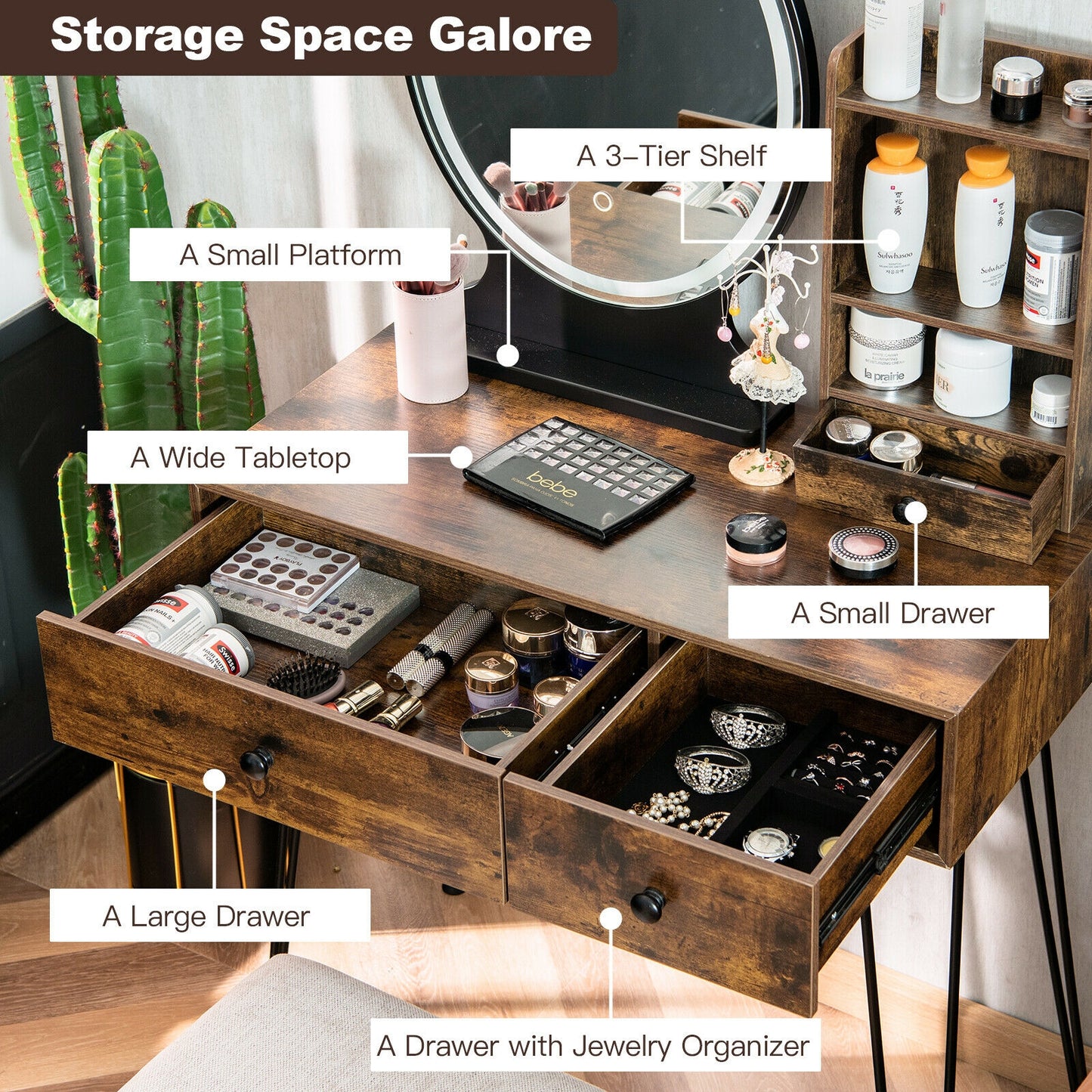 Vanity Table Set with Lighted Mirror and Cushioned Stool