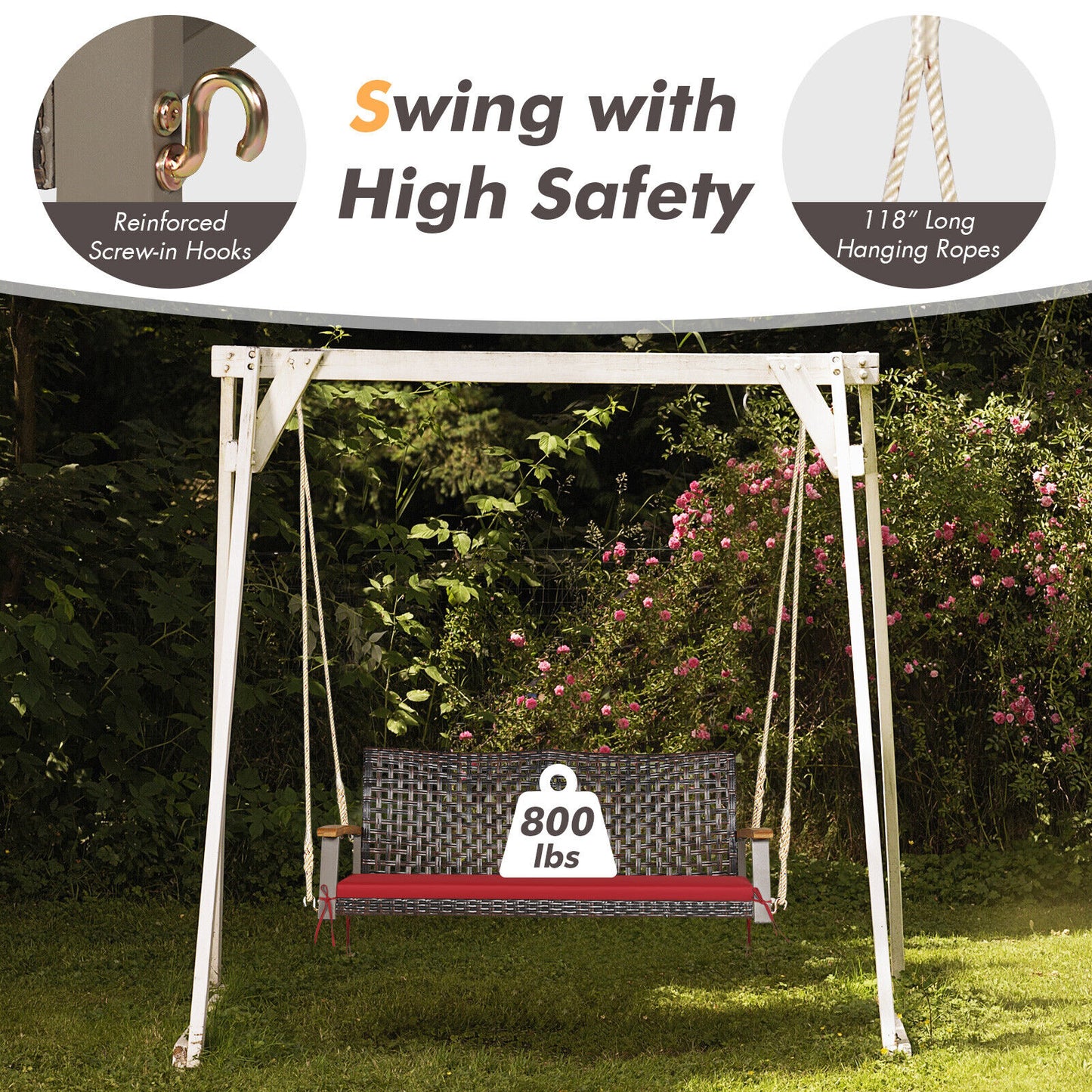 2-Person Rattan Porch Swing Chair with Cushion