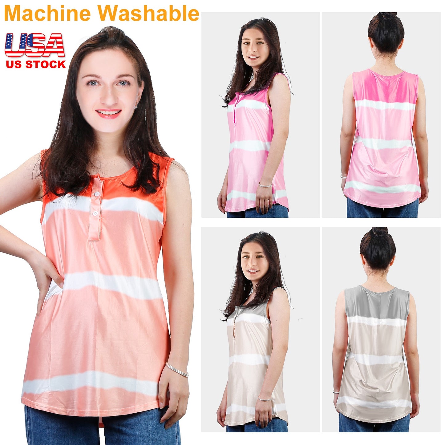 Women Tie-dye Sleeveless Tank Tops Summer Loose T Shirts Tops Button Down Shirts Vest Blouse Plus Size