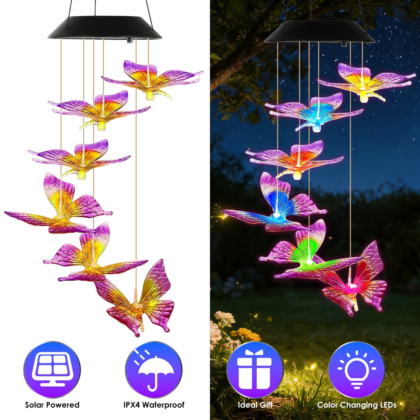 Solar Butterfly Wind Chimes with Color Changing LED Lights