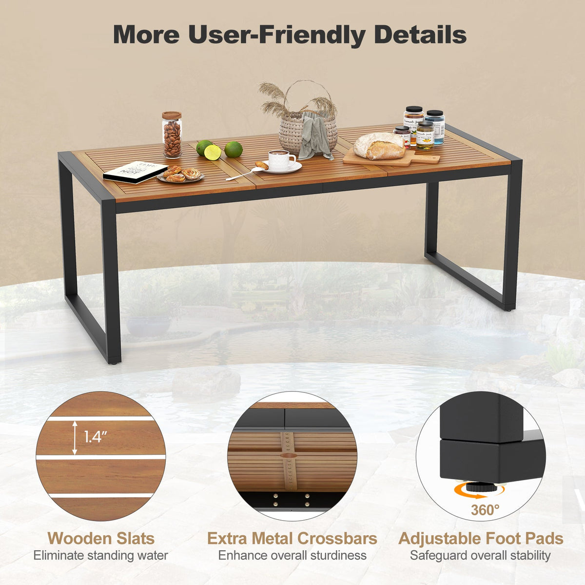 79 Inch Acacia Wood Patio Table with 1.9 Inch Umbrella Hole for Garden and Poolside