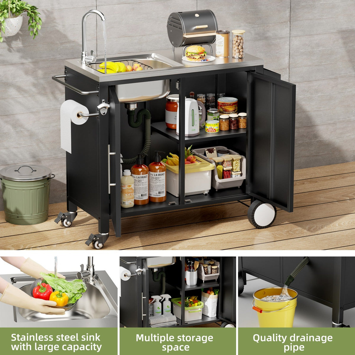Outdoor Grill Cart with Sink, Storage & Fold-Down Side Table